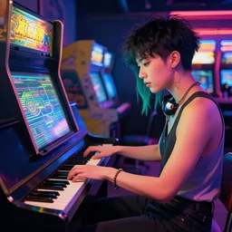 cyberpunk crossbreed between a piano and an arcade