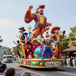 photo of giant beautiful elaborate parade float characters designed by geoff darrow!!!! and ( ( ( ( ( ( peter jackson ) ) ) ) ) ), in the macys parade, detailed 4 k photo