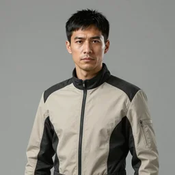 Photorealistic concept art of a male sci-fi character portrait in his 30's, features between French, Turkish and Russian with short black hair on the sides and a fringe dressed in a beige and black jumpsuit, 4K Trending at Artstation HQ.