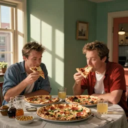 owen wilson and luke wilson eating pizza at the apartment from friends tv show in the style of wes anderson