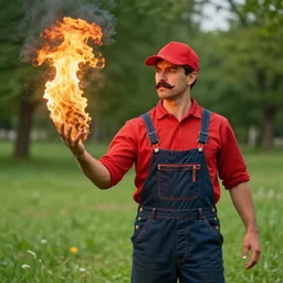 a man wearing a red shirt, red cap, throwing fire by the hand, overalls, outside grass trees, moustache, photo, render