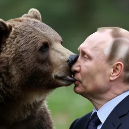 vladimir putin kisses a bear, french kiss, lovely kiss, kiss mouth to mouth, love scene, insane details, clear face and eyes, textured, 8 k, professional photography