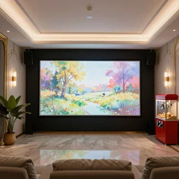 very wide view of a modern home movie theater with giant projector screen!!, detailed art deco decoration!, wall lights, plant, popcorn machine, beautiful watercolor painting!!!, trending on artstation