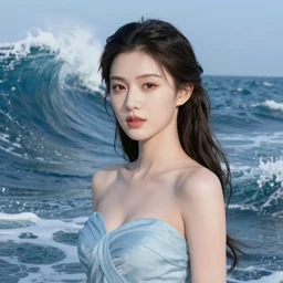 goddess of the ocean, beautiful face and dress, background of swirling tidal waves and ancient triremes, naval battle, high contrast digital art, trending on artstation, symmetrical