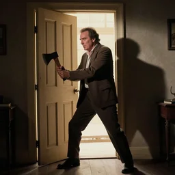 jean - paul sartre starring as jack nicholson in the shining with axe chopping down door, cinematic still,