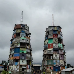 two towers, made up of makeshift squatter shacks with faded colours in philippines, moody cloudy sky, uneven fog, dystopia, mamiya, f 1 1, fully frontal view, photographed by jeanette hagglund