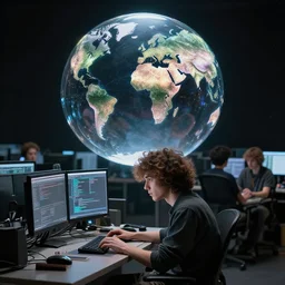 a curly - haired persian guy programmer programming a world bubble in the empty dark void by david a hardy, noriyoshi ohrai, gary ruddell, greg rutkowski highly detailed, cinematic composition, trending on artstation