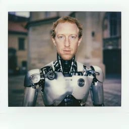 legnica. close up. cyborg mark zuckerberg, in legnica, full body, cinematic focus, polaroid photo, vintage, neutral dull colors, soft lights, by oleg oprisco, by thomas peschak, by discovery channel, by victor enrich, by gregory crewdson
