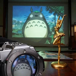 fuji 5 0 r, 3 5 mm, hyperrealism ; closeup hublot in ran film still of courtyard interior with window view ; in the background projection of beautiful totoro in matrix film still of gold funko pop ballerina statue scene ; style of 1 9 9 0 frontier in extreme closeup porcelain photography magazine architectural studio edition, highly detailed, cinematic lighting, 8 k