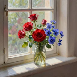 A painting of a windowsill with flowers. Red rose. Blue violets. The natural light from the window would be shining in on the scene. Trending on artstation