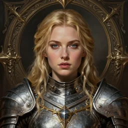head-on centered symmetrical painted portrait, Elisha Cuthbert as a paladin, blonde hair, ornate mithril armour, dramatic lighting, intricate, fantasy, intricate, elegant, highly detailed, digital painting, smooth, sharp focus, illustration, dramatic lighting, artstation, in the style of Artgerm and Anna Podedworna