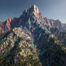 a landscape of a post cyberpunk mountain multi colour. intricate, 8 k, high quality, unreal engine, by greg rutkowski.