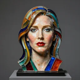 studio photograph of colorful postmodern portrait sculpture of diane keaton in annie hall, beautiful symmetrical!! face accurate face detailed face realistic proportions, made of stained glass and silicone on a pedestal by ron mueck and matthew barney and greg rutkowski, hyperrealism cinematic lighting shocking detail 8 k