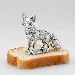 A diamond statuette of a fox on a piece of bread. solid Background.