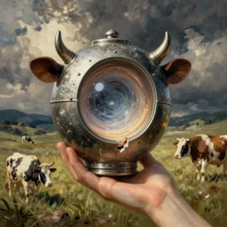 A mixed mediart. A rip in spacetime. Did this device in her hand open a portal to another dimension or reality?! cow print by Ray Donley eclectic