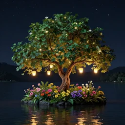 tree, overgrown, small island, lake, flowers, lanterns, dark, night, stars, glowing, glitter, vibrant, hd, 4 k, detailed, digital art, octane render, trending on artstation