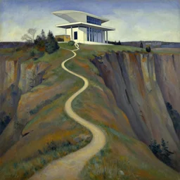 Winding paths going up a cliff towards a modern temple, Charles Sheeler, Precisionist style, detailed matte painting