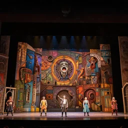 photo of a huge theaterstage, play is nibelungen, 3 actors on stage, 8 k, multicolored, exaggerated detailed, long shot