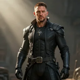 Film still of Tom Hardy wearing black, intricate detail, 3d render, octane render, god rays, depth of field, trending on artstation, 4k, hd