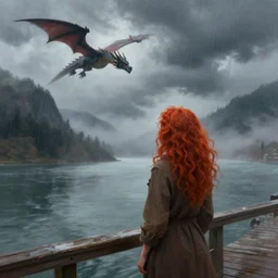a realistic digital painting of a woman with curly long redhair standing in a boardwalk on top of a river looking at a dragon flying out of the mountains in a fog during a thunderous weather. Trending on ArtStation. Epic Art. Emotional