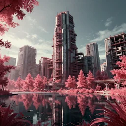 a beautiful ultradetailed render of abandoned urbex city nature industrial architecture urbex building architecture by william pereira, bladerunner 2 0 4 9 sunlight infrared nightvision lake synthwave hyperrealism, archdaily, wallpaper, highly detailed, trending on artstation.