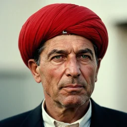 portrait of president ronald reagan as afghan man, green eyes and red turban looking intently, photograph by steve mccurry