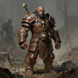 savage orc chieftain, wearing tribal ornamented rust armor, full body concept, warhammer lizardman, beksinski, edward hopper art