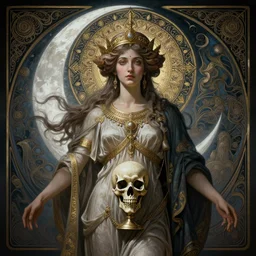 symmetry!! portrait of goddess manat, religious, intricate, waning moon, cup of death, highly detailed, dynamic lighting, digital art, digital painting, artstation, wlop, sharp focus, illustration, art by artgerm and greg rutkowski and alphonse mucha, 8 k