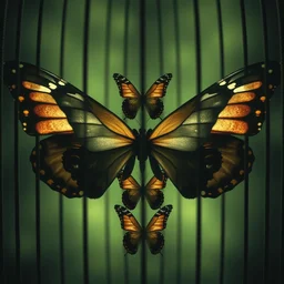 symmetrical faces of butterflies in a cage, fantasy, dramatic