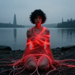 liminal!!, portrait, shore of the lake, woman, wrapped around by glowing tubes and cables, short black curly hair, glowing red, by edgar maxence and ross tran, zdzisław beksinski, and michael whelan, distant, gustav dore, h. r. giger, 8 k, octane render