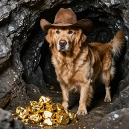 photo of a golden retriever in a dark gold mine wearing a western hat and finding piles of gold nuggets