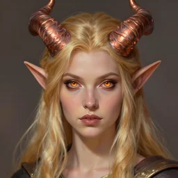 A head-on detailed oil fantasy portrait of a pretty elf woman with copper horns, long blonde hair and bright copper irises, by greg rutkowski, trending on artstation, dungeon and dragons art