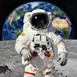 centre portrait of an astronaut on the moon!! earth in the background! retro 8 0 s, colourful, realistic illustration, art by peter elson