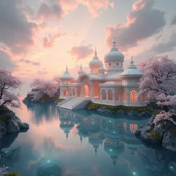 magic palace, sakura island, paradise, white, pink, luminous water, sakura, magic, realism, redshift rendering 3 d, super detail, lifelike, 8 k, masterpiece, functional art station, top view, panorama, super wide angle ， crepuscular ray ， mood lighting