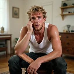 jake paul sitting confused and sweating in a small european apartment.
