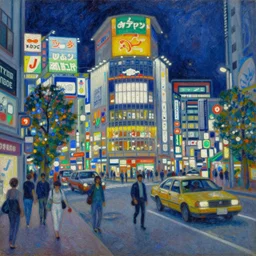 impressionist oil painting of Akihabara at night, award winning artwork