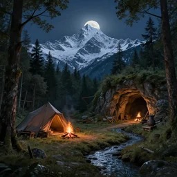 a medieval camp site in a forest and facing a snow - capped mountain range, cave entrance, highly detailed, night time, full moon, woodland creek, camp fire, featured on artstation