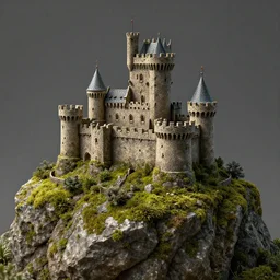 minature castle on a rock, mossy, octane render, 4 k, macro photography, detailed medieval castle