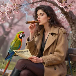 a goddess sitting on a coat smoking a cigar, with a biglietto colorful parrot, cherry tree in the background, professional photo, digital painting, unreal engine, octane render, 4 k wallpaper, intense, intricate brush stroke detail, beautiful, gorgeous