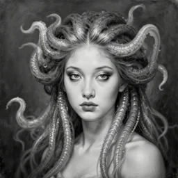 medusa portrait painting, black and white, arstation, detailed, blurred background