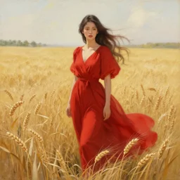 a painting of a beautiful woman standing in the middle of a field of wheat wearing a flowing red dress, detailed digital art, trending on artstation,