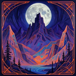 Sinister Mountains screeching at the Moon, a fantasy sci-fi dreamworld painting in neon geometric inks, art nouveau by Terese Edvard Guay Kinkade
