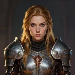 front facing symmetrical centered painted portrait, headshot of Imogen Poots as a D&D Paladin, RPG character avatar, Wild Blue Studios, Arcane concept art, global illumination lighting, trending on artstation, by Katie De Sousa,Penpen Gao, ilya kuvshinov, rossdraws