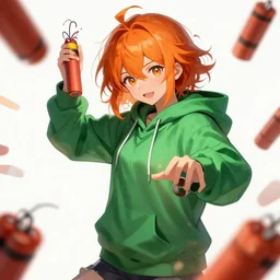 a beautiful girl with orange hair, wearing green hoodie, playing with explosives, character art portrait, anime key visual, official media, illustrated by wlop, extremely detailed, 8 k, trending on artstation, cinematic lighting, beautiful