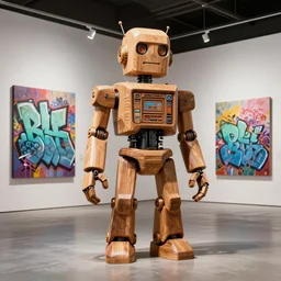 octane render ultra photo realistic, wood carving robot graffiti wooden cyberpunk contemporary art gallery