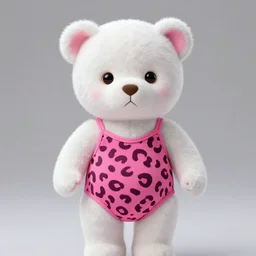 a cute white teddy bear with pink ears wearing a pink cheetah print leotard