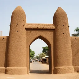 High-quality photography of a West African city gate made of mud bricks, National Geographic