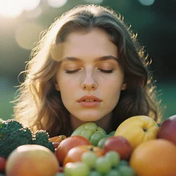 a vintage analog close up frontal face portrait photography of a beautiful woman surrounded by fruits and vegetables by maxim nikolaev. long hair. vogue. closed eyes. kodak portra 8 0 0 film. shallow depth of field. ( depth of field ). whirl bokeh!!. golden hour. detailed. hq. realistic. warm light. muted colors. filmic. dreamy. lens flare. mamiya 7 ii, f / 1. 2, symmetrical balance, in - frame