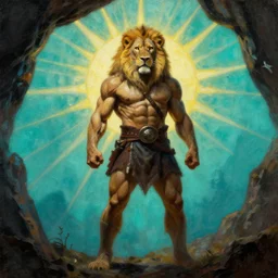 cose up of muscular lion barbarian hunter full body in portrait pose, sun rays , small bird sihouettes  in cyan background , very textured detailed  oil painting by rembrandt , hard backlight , in dark cave