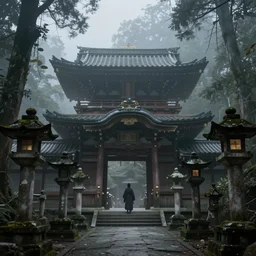 magical and mystical, illustrious makinami, japanese mountain shrine, gloomy and foggy atmosphere, mythological, octane render, rembrandt, cgsociety, artstation trending, highly detailed